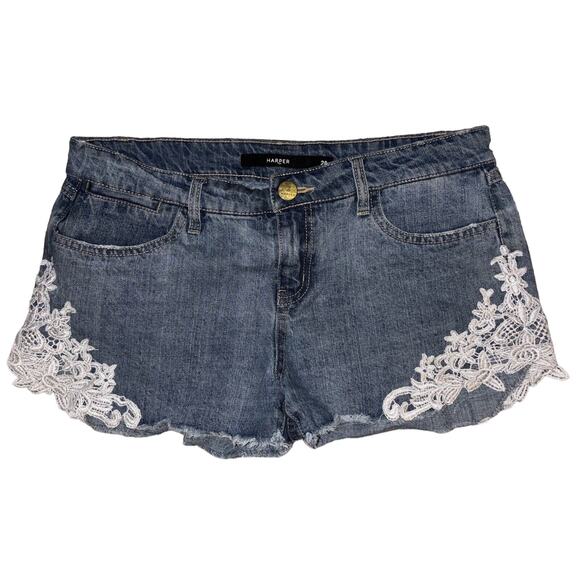 Harper Women's‎ Denim Jean Shorts Lace Accents Boho Size 28 Distressed Bohemian - Picture 1 of 9
